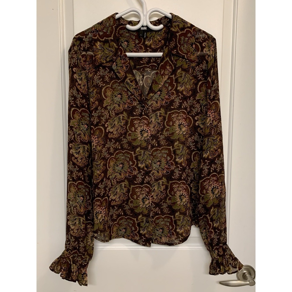 Paige Silk Blouse Large Floral Paisley Ruffle 70s Boho Chic Stevie Nicks Retro